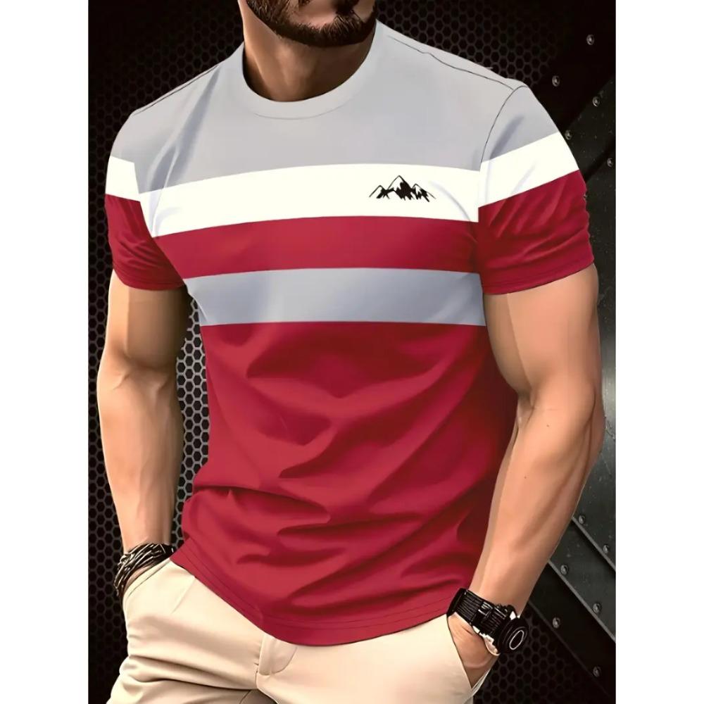 Men's Creative Color blocked 3D Mountain Printed T-shirt Summer Street Trend Sports Round Neck Short Sleeve T-shirt Casual Sportswear