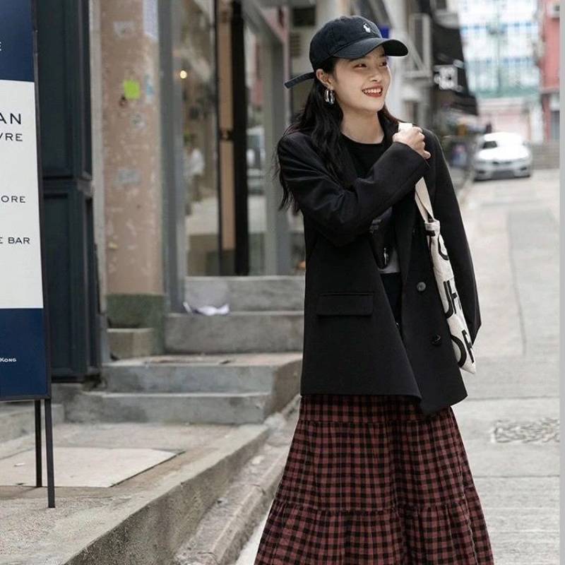 

Женская одежда Классический минималистский черный двубортный свободный повседневный темперамент женский костюм верхняя куртка S чёрный