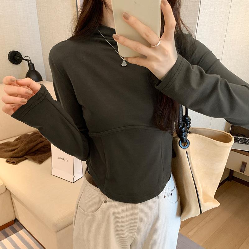 Semi-high neck splicing protein velvet soft skin women's spring and autumn new tight cropped shirt