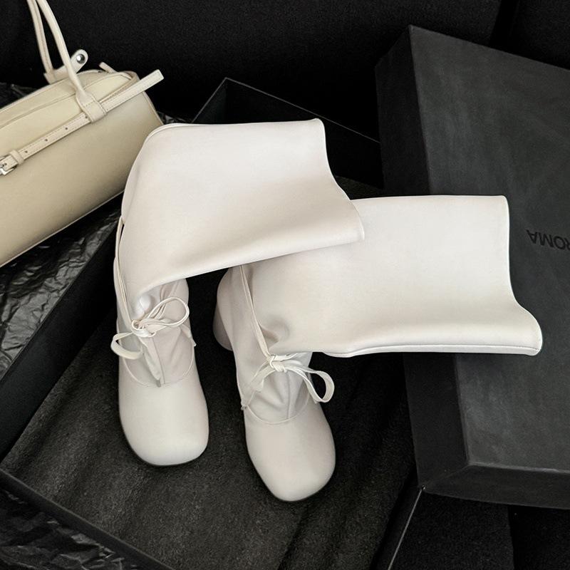 7.5CM fashionable wide tube strap high heel boots knight boots Korean version versatile round head thick heel but knee high boots