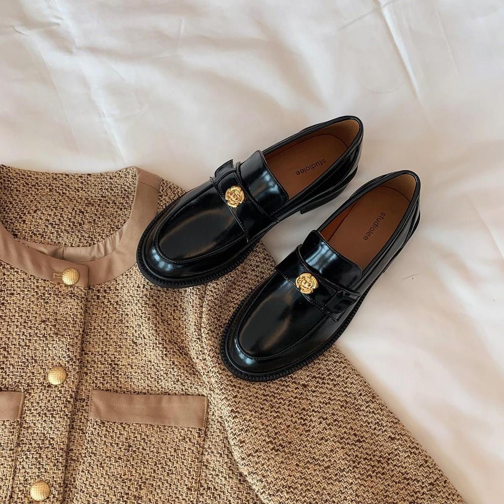 In Stock: Women's Patent Leather Camellia Small Gold Buckle Thick Sole Loafers, Non-Slip.