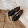 In Stock: Women's Patent Leather Camellia Small Gold Buckle Thick Sole Loafers, Non-Slip.