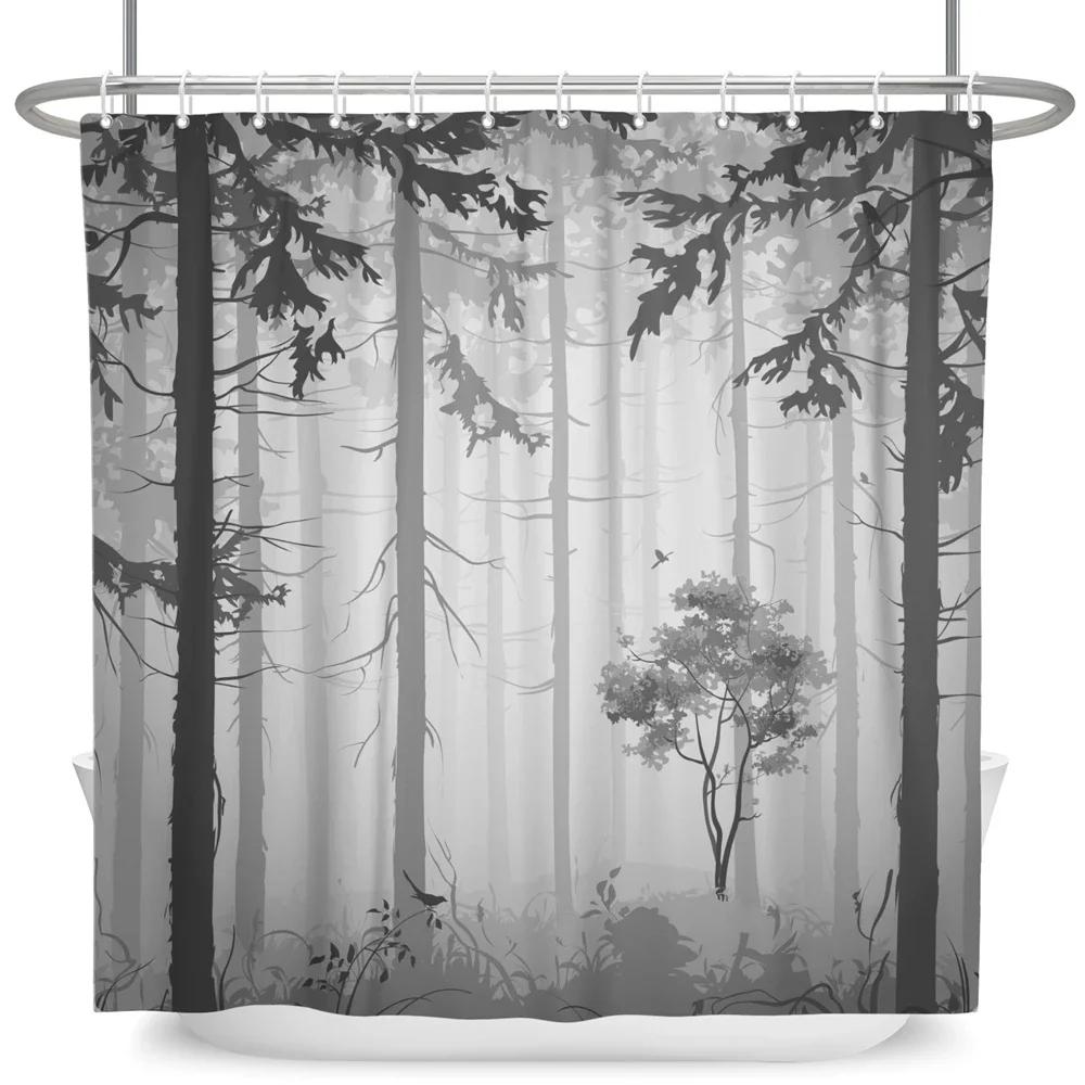 Nebeliger Wald Duschvorhang Für Badezimmer Natur Berg Baum Nebel Wald Wasserdichtes Gewebe Badewanne Duschvorhang Heimdekoration
