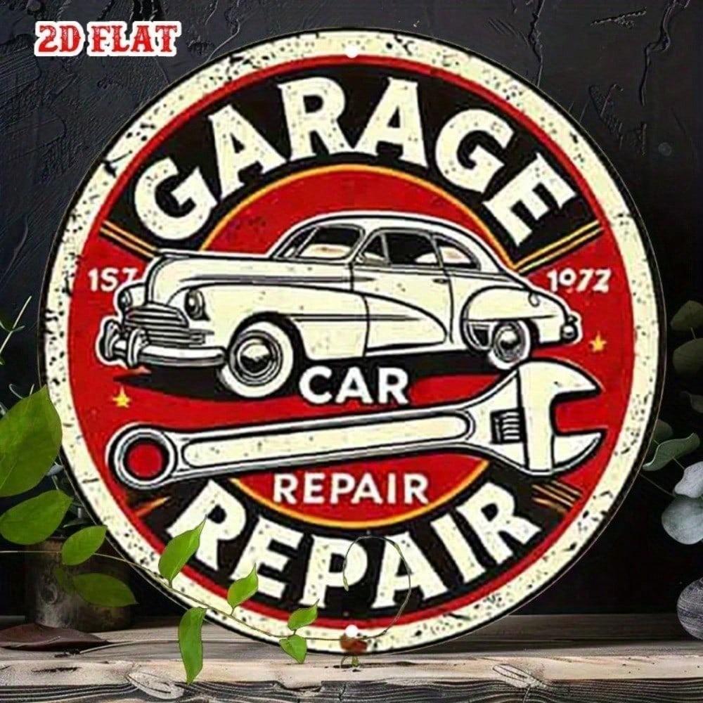 Vintage Metal Tin Sign Retro Garage Wall Art 2D Round Rustic Decor Car Tools Illustration Man Cave Workshop