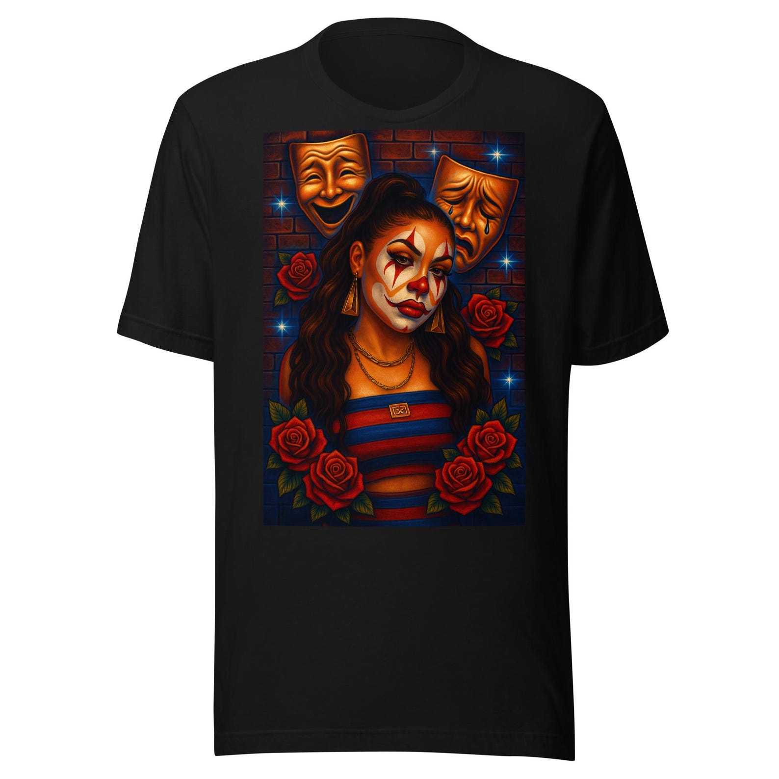 Payasa Chicana Art Print – La Homie Clown with Roses & Theater Masks Unisex t-shirt M