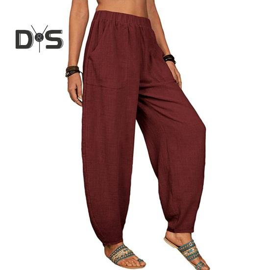 Damen Freizeithose, elastische, hohe Taille, einfarbig, Haremshose mit Taschen, lockere Passform, atmungsaktiv, lange Hose für den Alltag