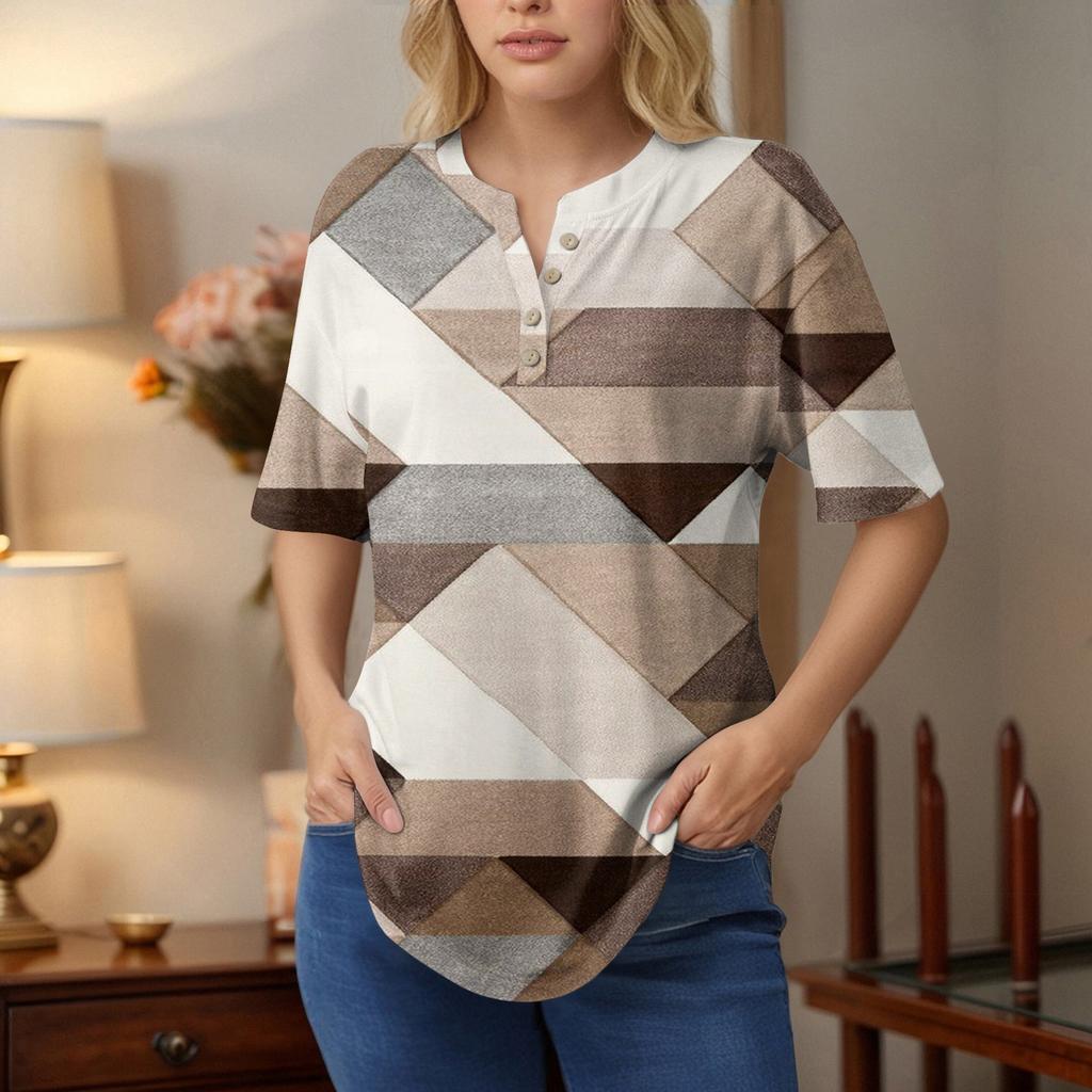 Krótkie rękawy damskie Koszulki letnie T-shirty z nadrukiem kwiatowym Dekolt w serek Casual Basic Koszulki z guzikami Tuniki