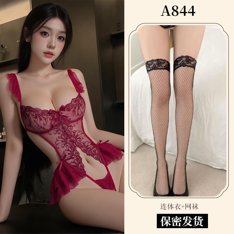 Sexy Lingerie Sexy Lace Embroidered Onesie Women's Hollow Open Pajamas Hot Seduction Uniform A