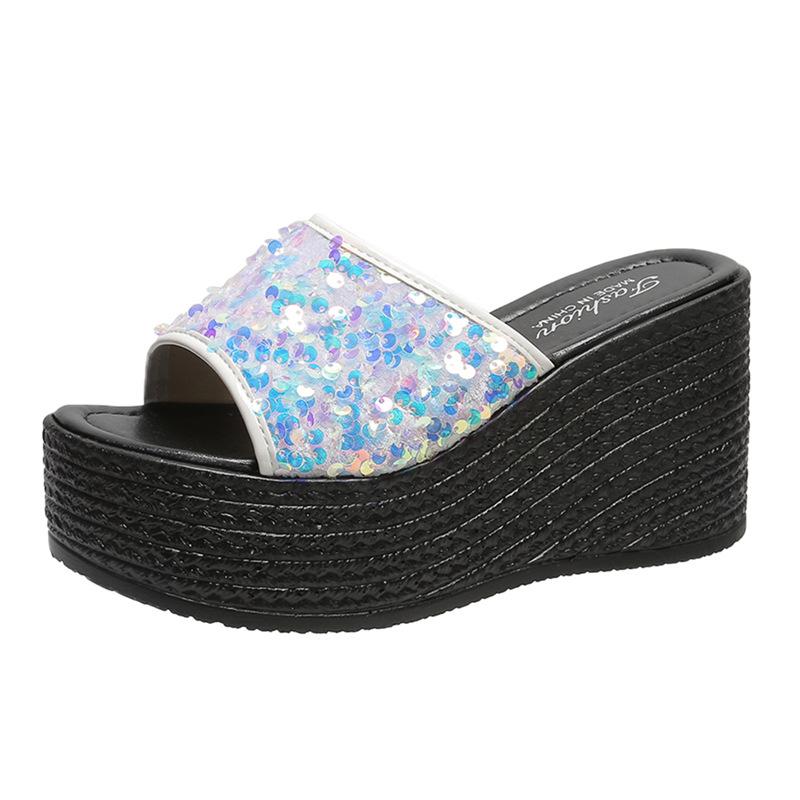 Fashion Crystals Wedges High Heels Slippers Leisure Summer Sandal Woman Shoes Women Platform Mules Slippers Slip On Outside Pantuflas