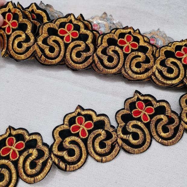 Longevity Peach Gold Embroidered Iron-on Applique with Self-Adhesive Long Strip for Skirt Hem or Stage Waistband.