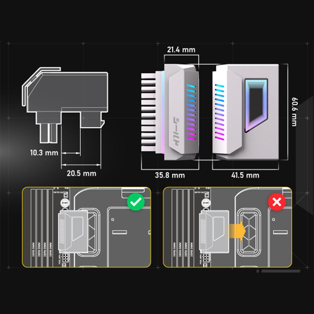 ATX 24-pin 180 Degree Power Connector Adapter with Infinity Mirror ARGB Light 24-Pin Angle Adapter DIY Mounting Accessessory