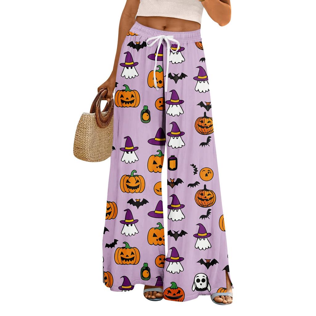 Women Summer Boho Palazzo Pants High Waist Wide Leg Halloween Printing Casual Trousers With Pockets
