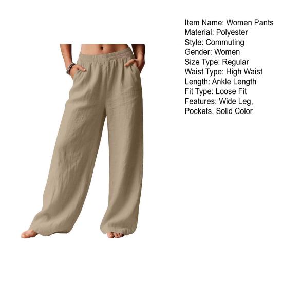 Damen Hose Hohe Taille Gerade Weiter Bein Lange Hose mit Elastischem Bund Tiefe Taschen Knitterarm Casual Hose