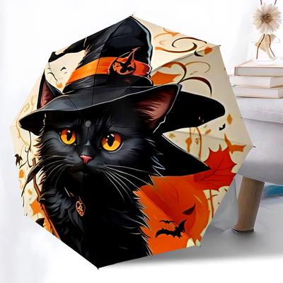 1pc Halloween Cat Automatic Open/Close Umbrella with Folding Feature Compact Travel Umbrella, Lightweight Design, for Commuting090