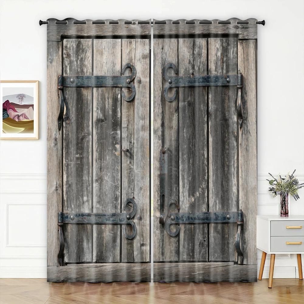 Retro Wooden Door Texture Vintage Barn for Bedchamber Livingroom Space Kitchen Windowpane Drape Contemporary Household Space Decoration 2 Panels