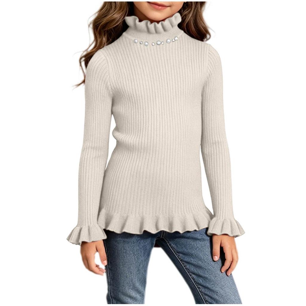 Girls' Color Knit Top with Lace Collar - Casual Pullover for Daily Wear