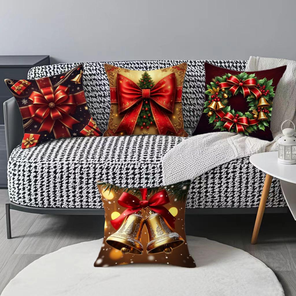 Christmas Pillowcase Holiday Bell Bow Element Decoration Sofa Atmosphere Decorative Linen Pillow