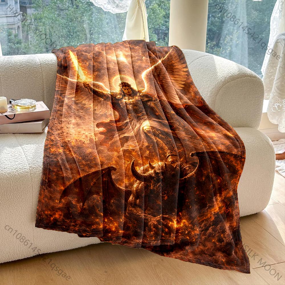 1PC Angel with sword defeating demon Print Blanket Warm Soft Fluffy Kids Adult Sofa Bed Throw Blanket Outdoor Travel Camping RV