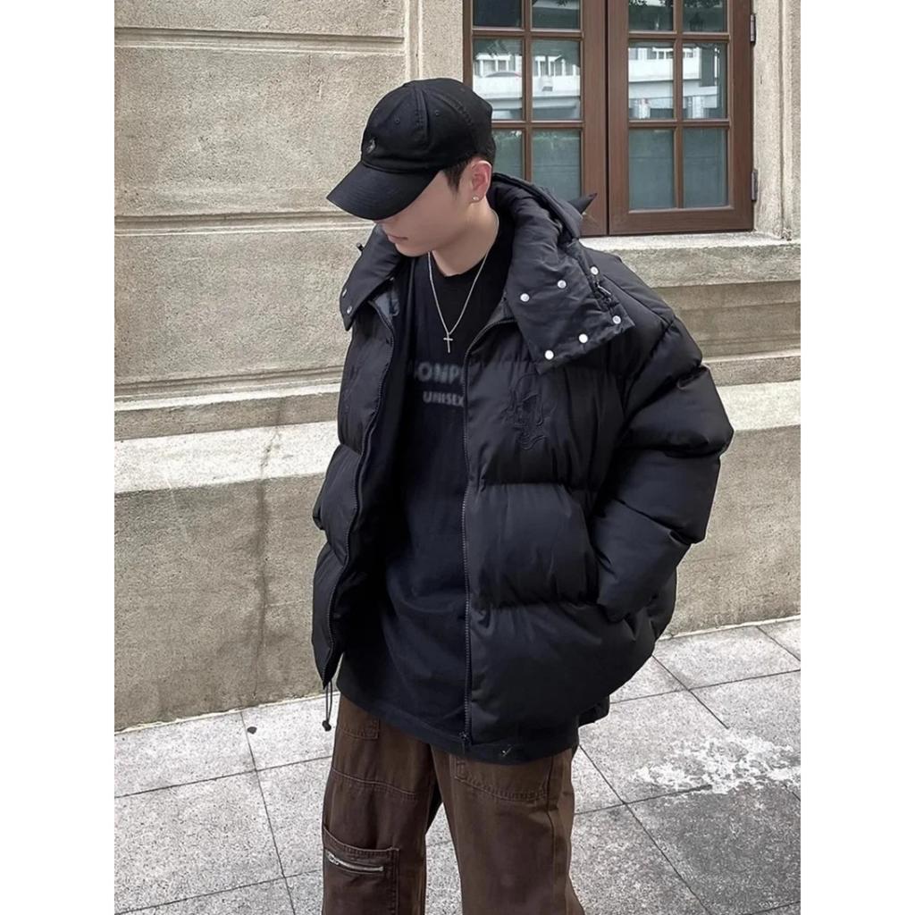 Cotton-Padded Hip Hop Parkas Men Devil Horns Winter Hooded Down Jacket Retro Y2K Thicken Puffer High Street Loose Bubbles Coats