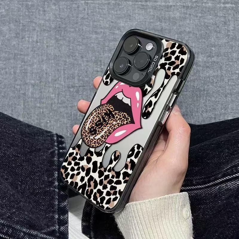 Red Lip Phone Case For iPhone 16 15 14 13 12 11 mini Pro Max X XR XS 8 7 Plus Anti Fall Matte Back Lip Leopard Print Cover