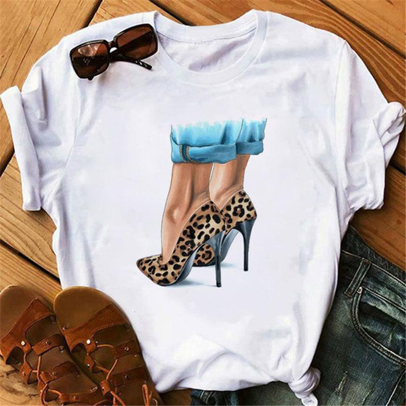 Korean Fashion Cute High Heels Graphic Ladies T-Shirt 90S Summer Harajuku Tees Loose White O-Neck Blouse Short Sleeve Women Tops