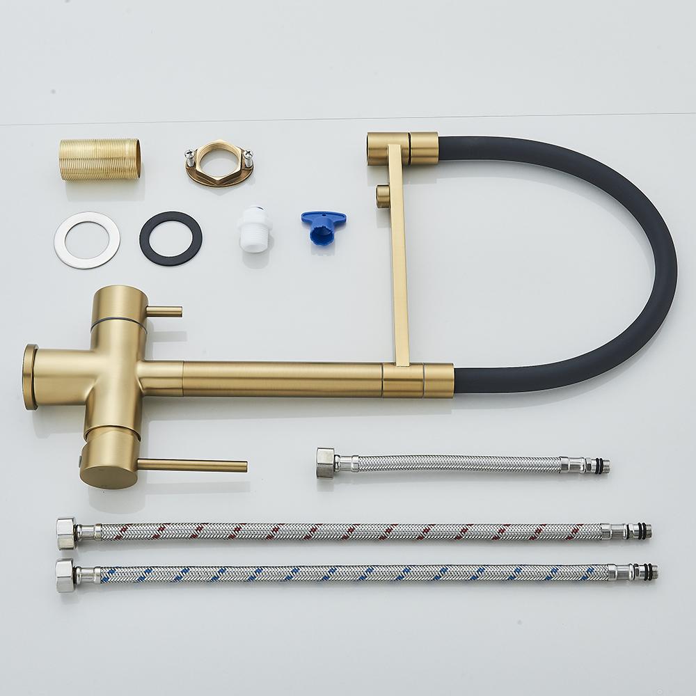 Brushed Gold Kitchen Faucet Purifier Faucets Drinking Water Tap Dual Spout Filtered Crane Hot Cold Mixer Tap Deck Mounted