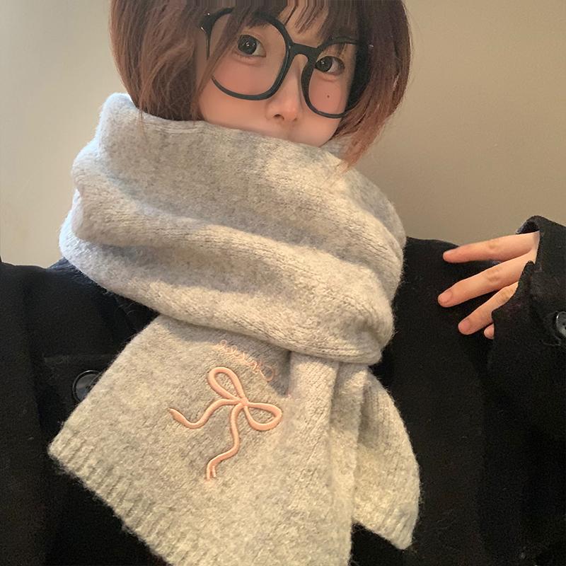 2025 Winter  College Style Imitation Cashmere Scarf Solid Color  Embroidered Bow Couple Scarf