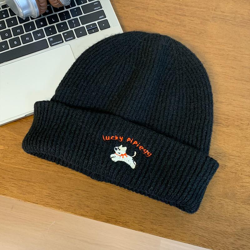 Cute Puppy Embroidered Knitted Wool Hat Children Autumn and Winter Versatile Big Head Circumference Showing Small Face Warm Bag Head Cold Hat