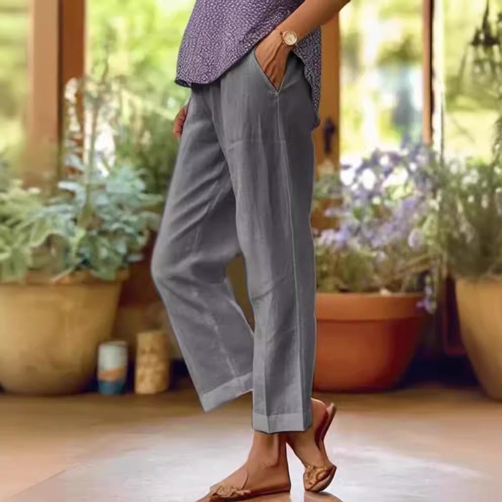Baumwolle und Leinen Damen Loose Fashion Solid Color Gerade Freizeithose Damenbekleidung
