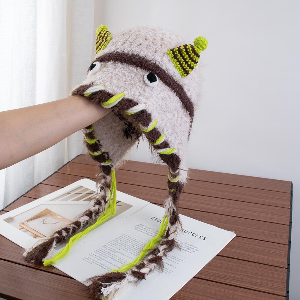 Cartoon Little Monster Woolen Hat Female Autumn and Winter Fringed Braid Headgear Warm Ear Protection Lei Feng Hat