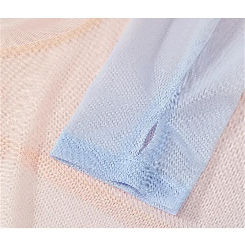 Gradient Gauze Women Classical Dance Practice Thumb Finger Hole Long Sleeve Folk Dancewear Sexy Transparent Asymmetrical