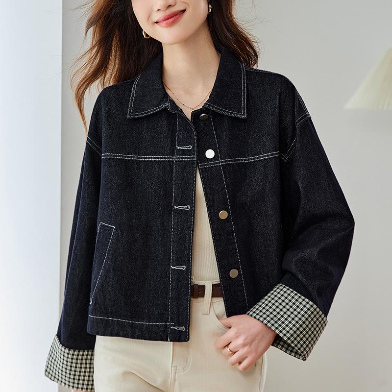

Клетчатая джинсовая куртка-рубашка с рукавами-трансформерами, женский весенне-осенний топ, маленькая рубашка XXL джинсовый синий