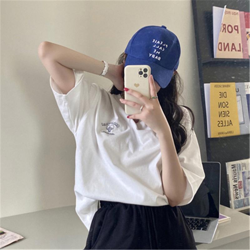Women's Crew Neck Short Sleeve Graphic Tee Loose Casual Couple BFF Matching Top Cartoon Letter Print T-shirt