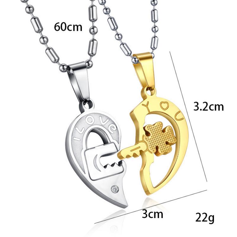 Couple Necklace Lock, a Pair of Heart-shaped Keys, Titanium Steel Necklace Pendant, Fashionable