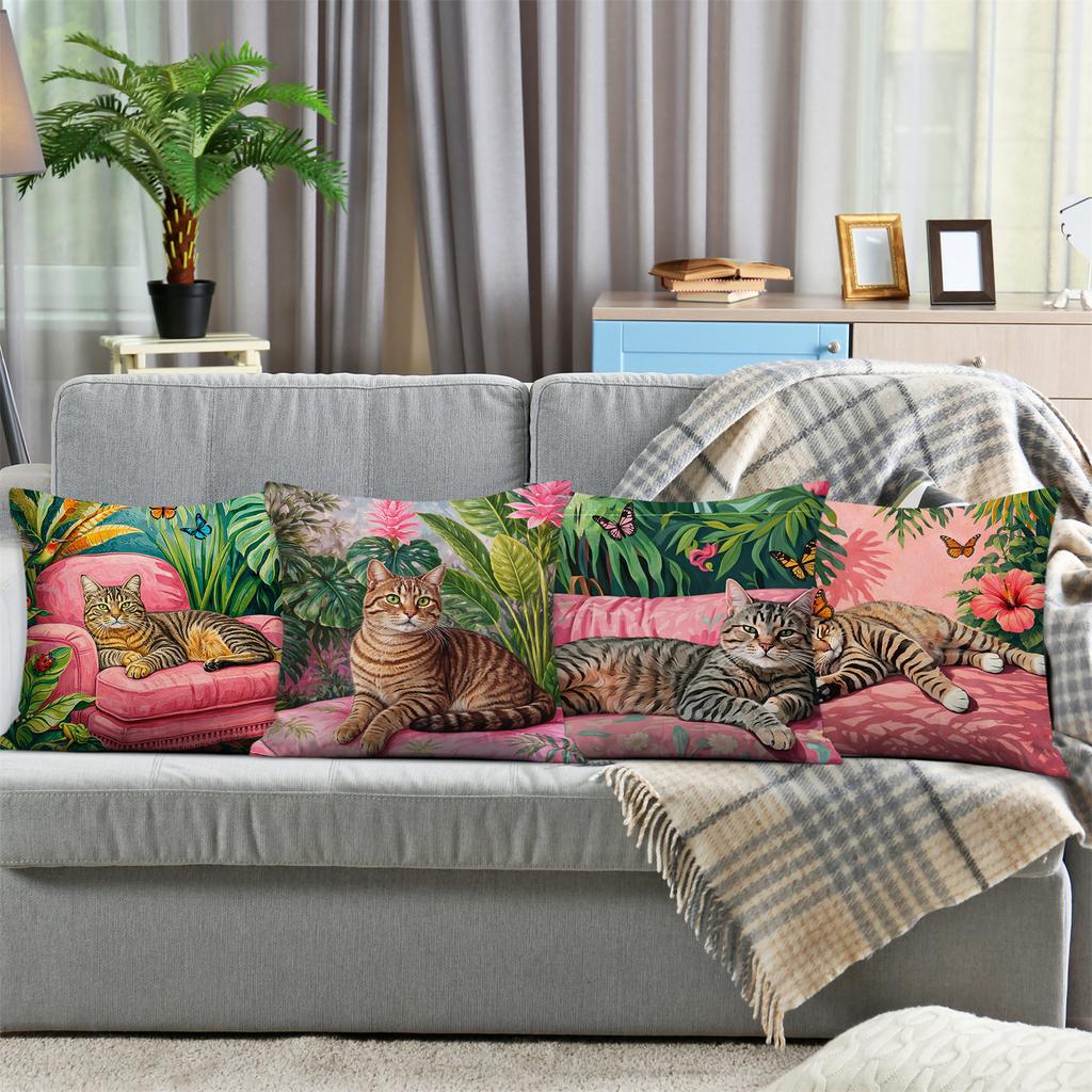 4pcs Tropical jungle cat digital printing pillow cover Short plush Suitable living rooms bedrooms sofas throw cushion cover