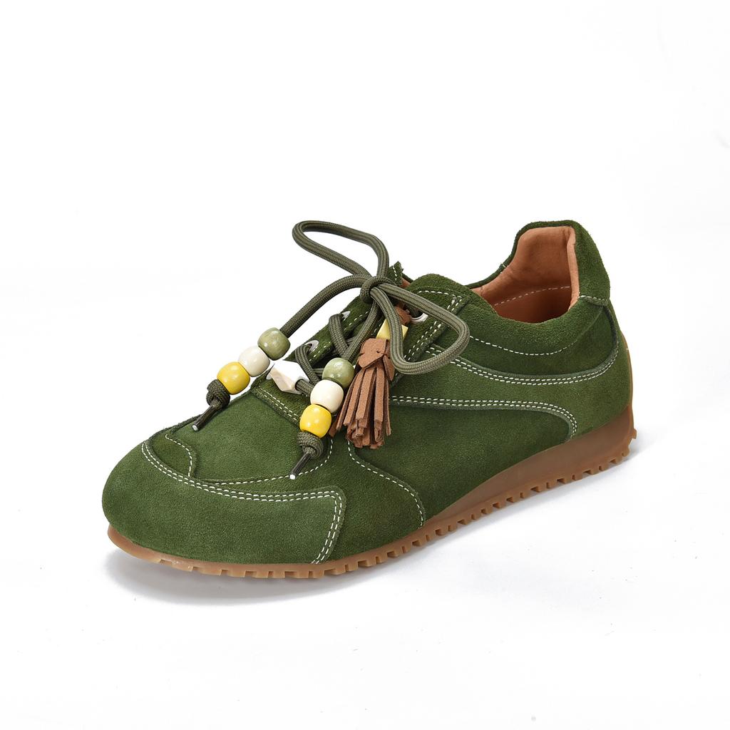 Johnature Retro Flats With Beaded Genuine Leather Lace-up Soft Soled Lightweight Women's Shoes