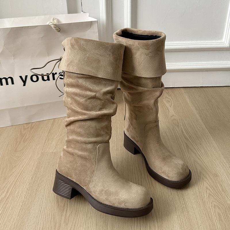 

Натуральная овчина~ 2025 Пустошь ветер бахрома рыцарские сапоги толстый каблук но ботфорты тонкий ворс полусапожки женщины 40 хаки