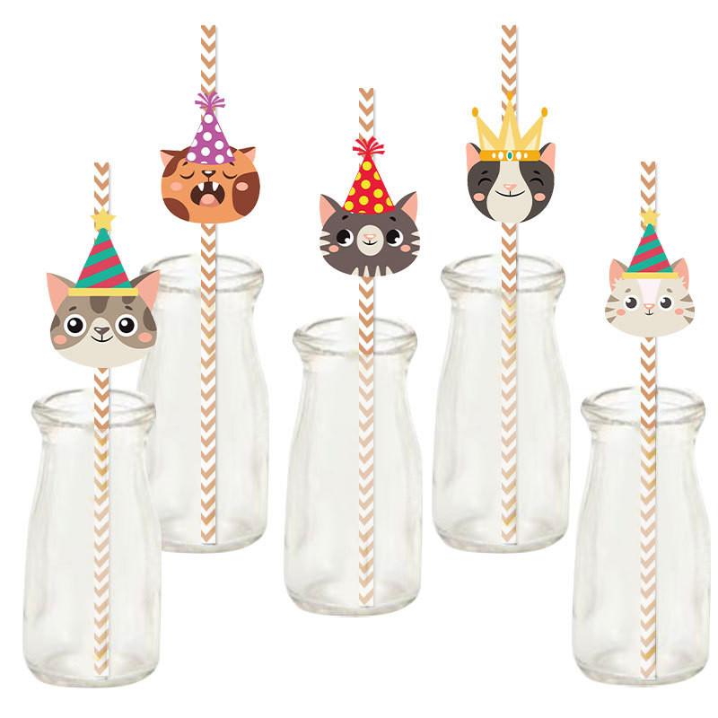 Cat Childrens Cartoon Party Supplies 24pcs Paper Straws For Event Decor Festival