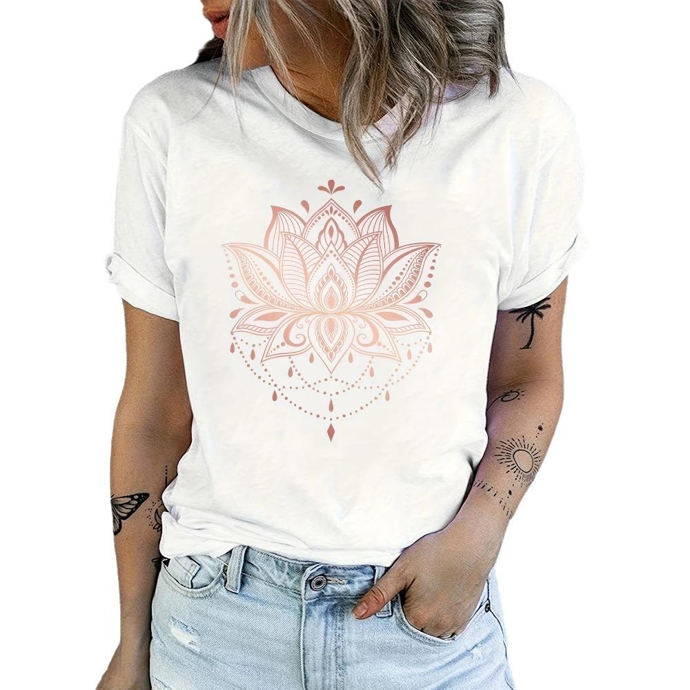 

Women s Flower Patterned T-shirt O-neck Short Sleeved Casual Printed Top, Streetwear, Fresh and Fashionable Clothing XS