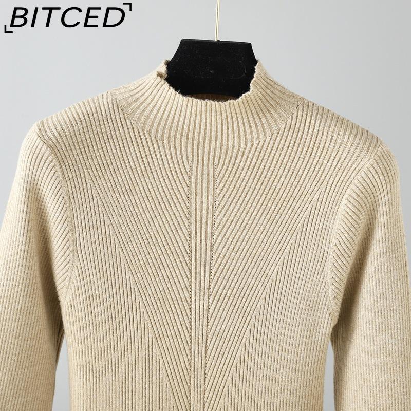 BITCED Women's Autumn Winter Plain Knitted Turtleneck Long Sleeve High Waist Sweater Dress