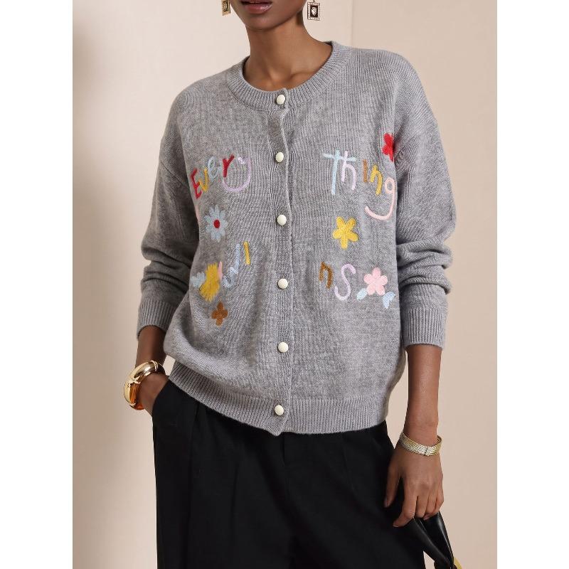 TIFICY Women's Fashion Casual Fall Winter Flower Pattern Print Long Sleeve O-Neck Sweaters
