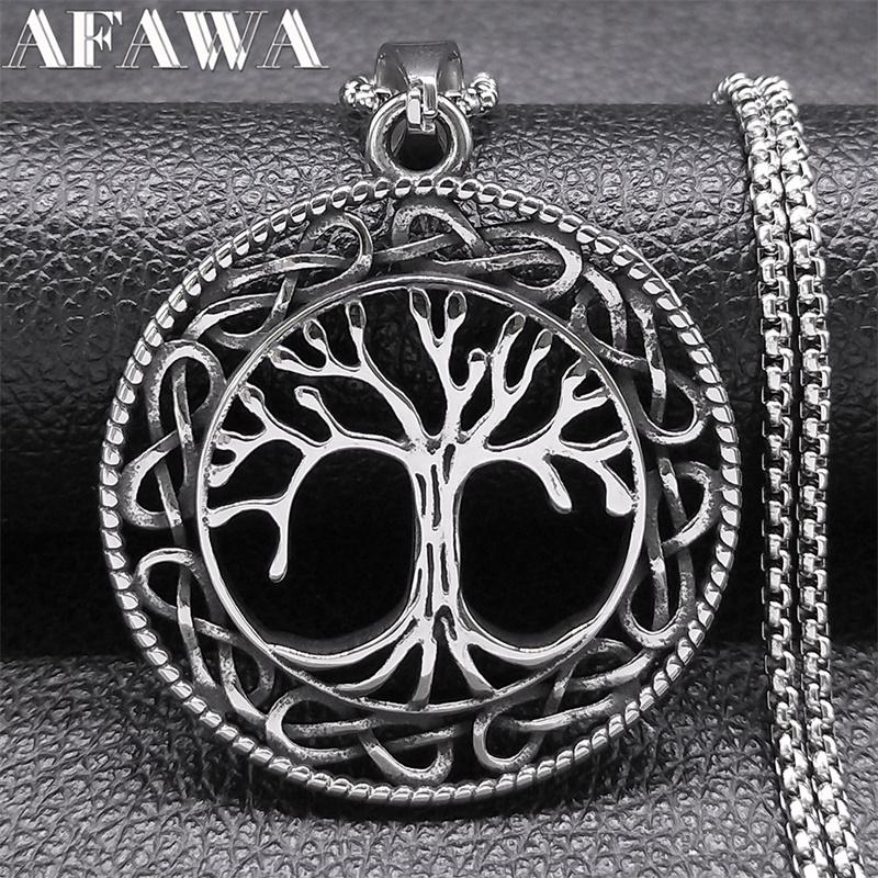 Viking Tree of Life Necklace for Women Men Stainless Steel Silver Color Knot Necklaces Amulet Jewelry collier homme NZZ393S02