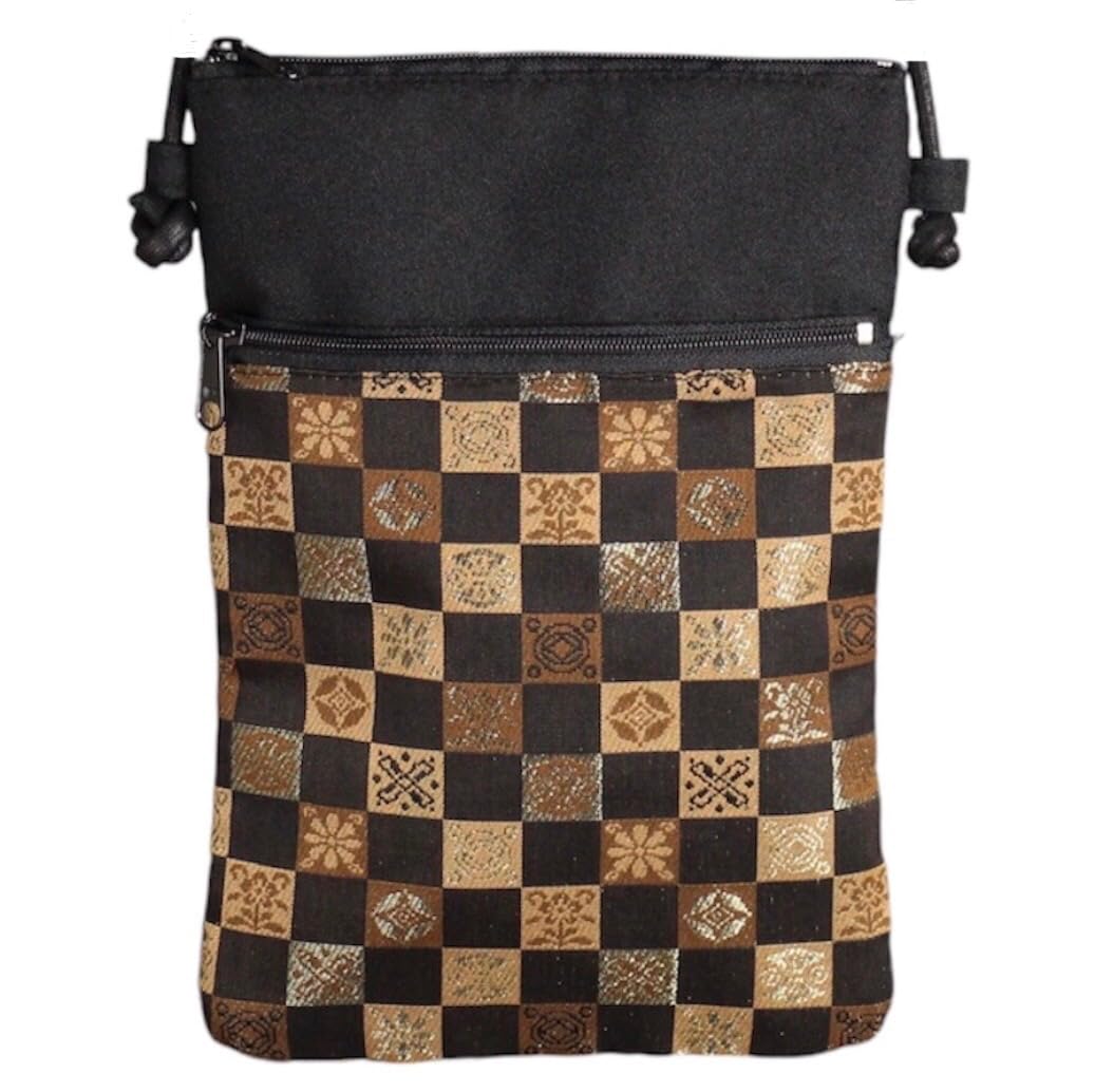 

Fan Inoguchi Lattice Hojin Pattern Made in Japan Kyoto Pure Silk Pochette Sacoche Black Gold Картатий візерунок Міні-сумка Сумка через плече Сумка