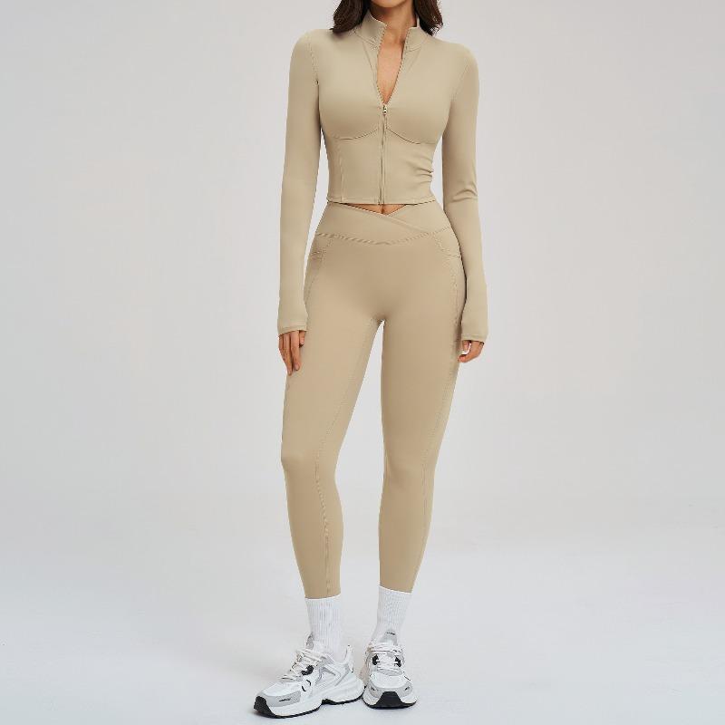 Nude yoga set, zipper tight fitness suit, outdoor running sports set for women