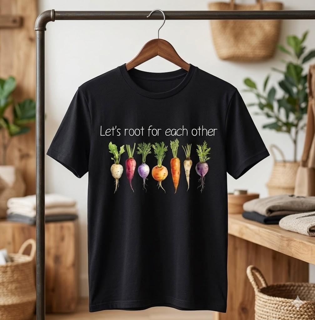 Let's Root for Each Other Funny Veggie Graphic Black T-Shirt Tee - H164