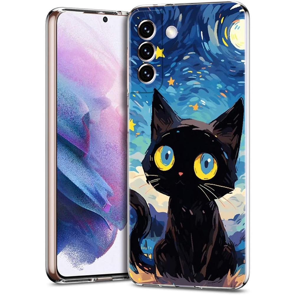 Artistic Black Cat Starry Night Phone Case For Samsung Galaxy S24 Ultra S23 FE S22 S20 S21 5G S10 S9 Plus S10E S8 Clear Cover
