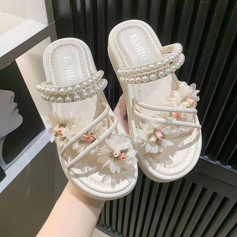 Fashion Pearl Flowers Platform Open Toe Sandals for Women Summer Anti Slip Hot Sales 2025 Comfortable Luxury High Quality Woman Shoes