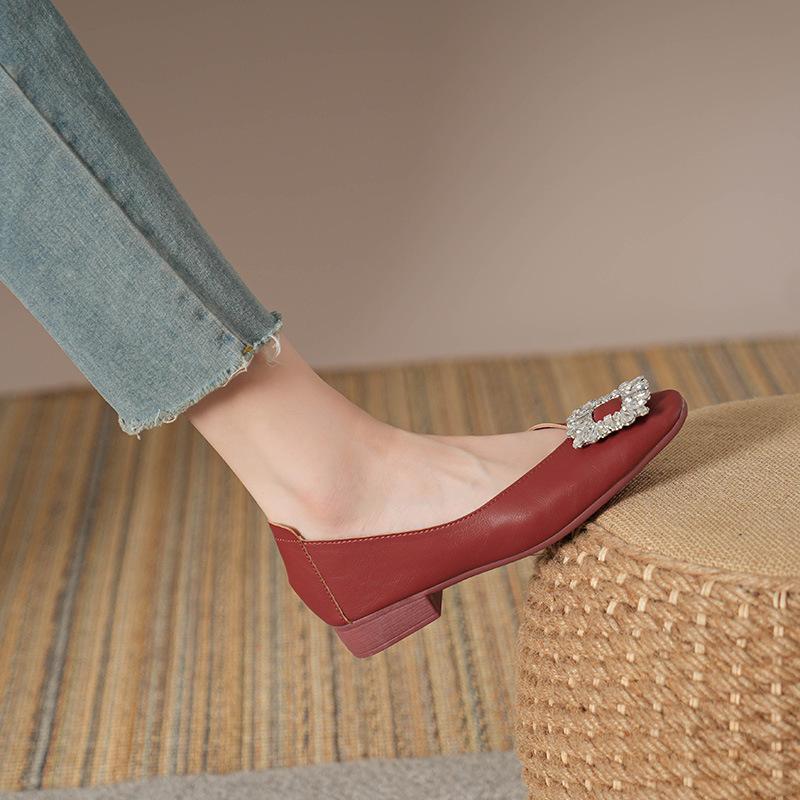 Fairy Feng Shui Diamond Buckle Flat-soled Single Shoes Women's 2025 New Shallow Mouth Square Head Comfortable Versatile Soft Sole Doudou Shoes