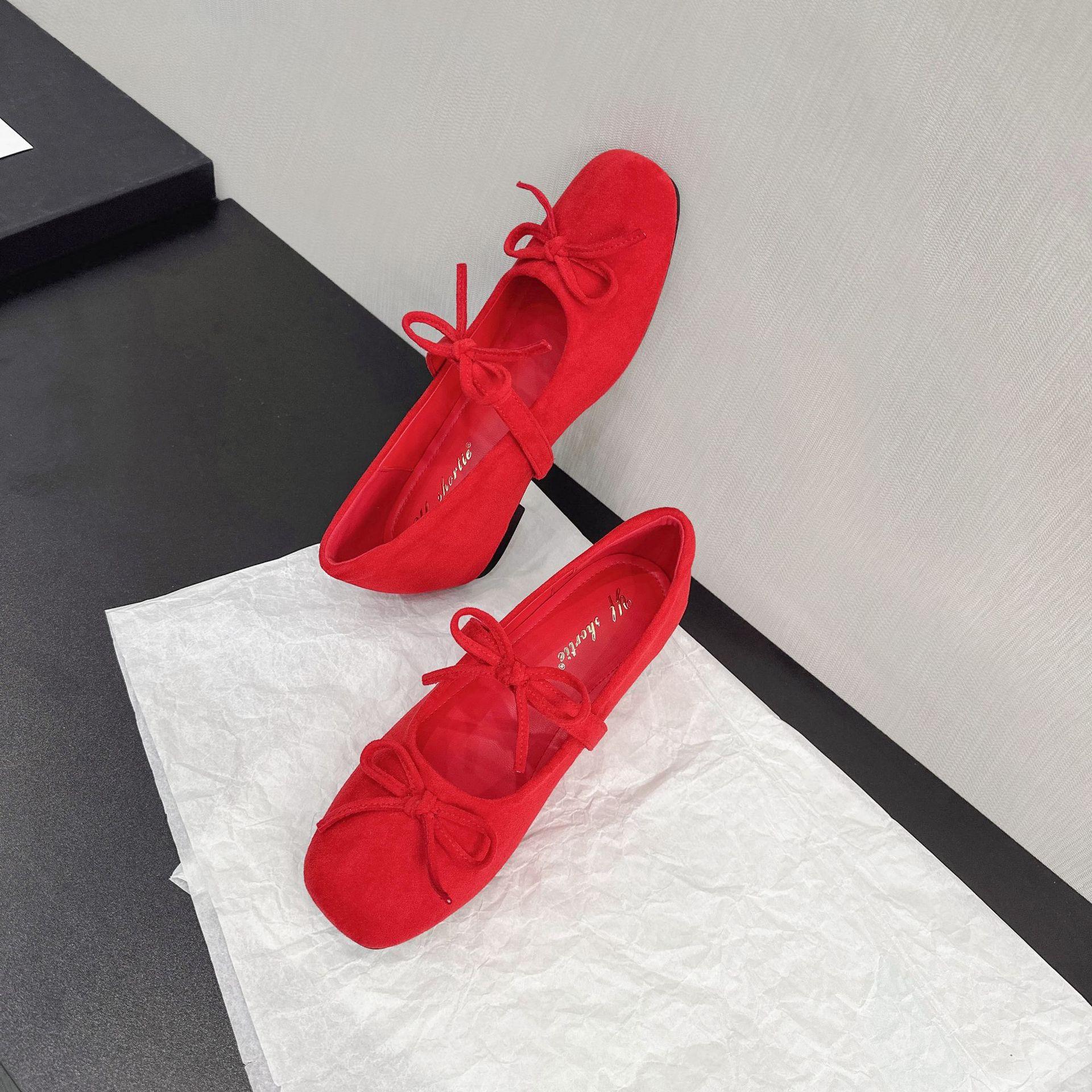 

Height increase 5CM bow word with square head ballet single shoes women s 2025 new evening wind suede Mary Jane shoes 39