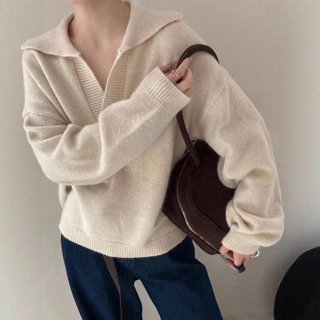 Old Money Style Women's Loose Wool Polo Neck Sweater - Autumn/Winter Knit Top